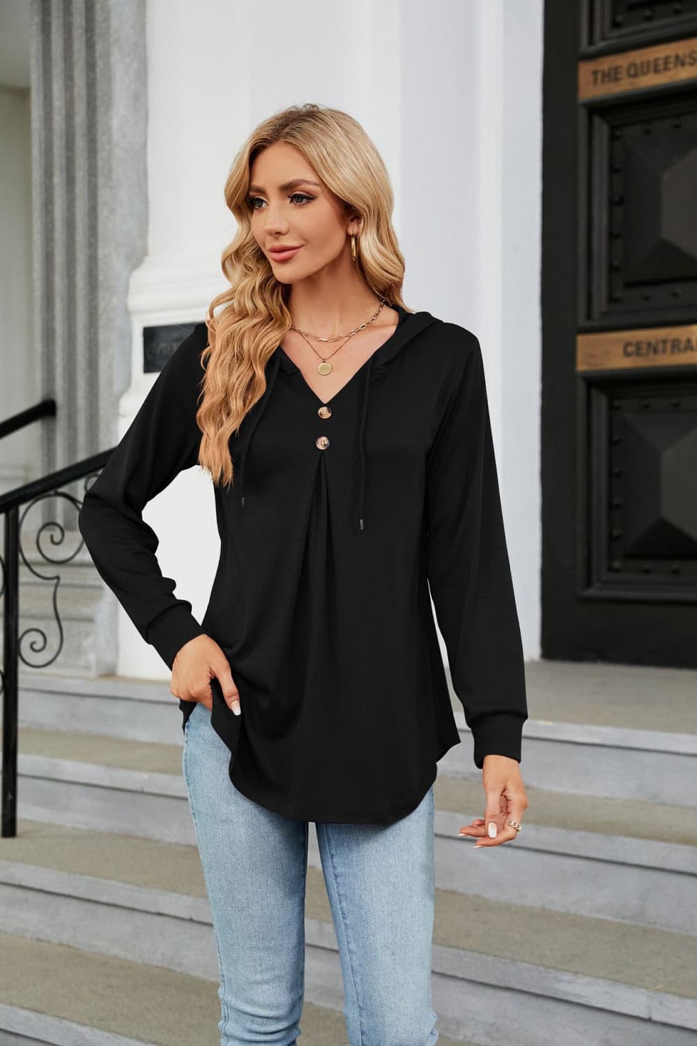 Long Sleeve Hooded Blouse