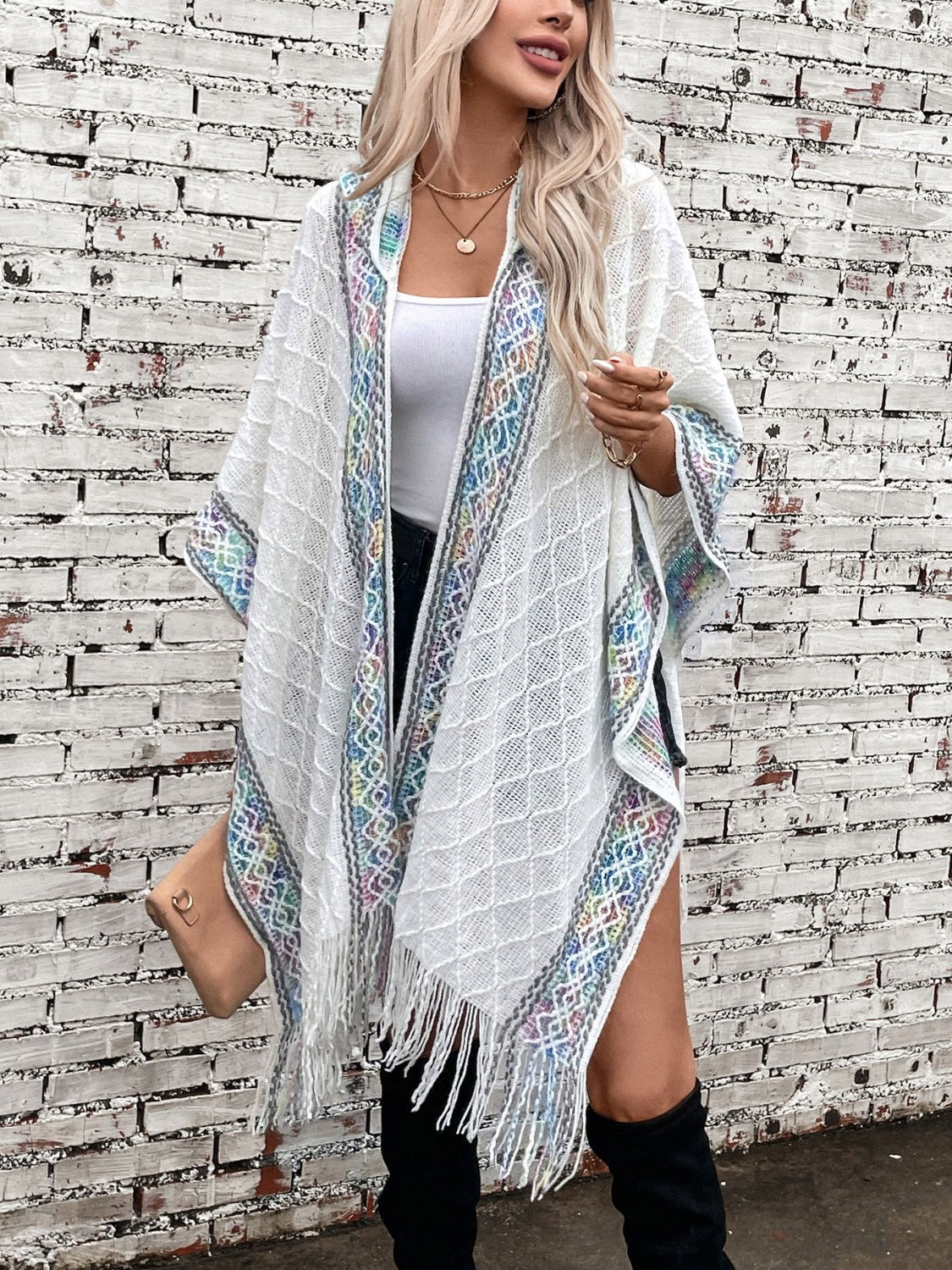 Fringe Half Sleeve Hooded Poncho