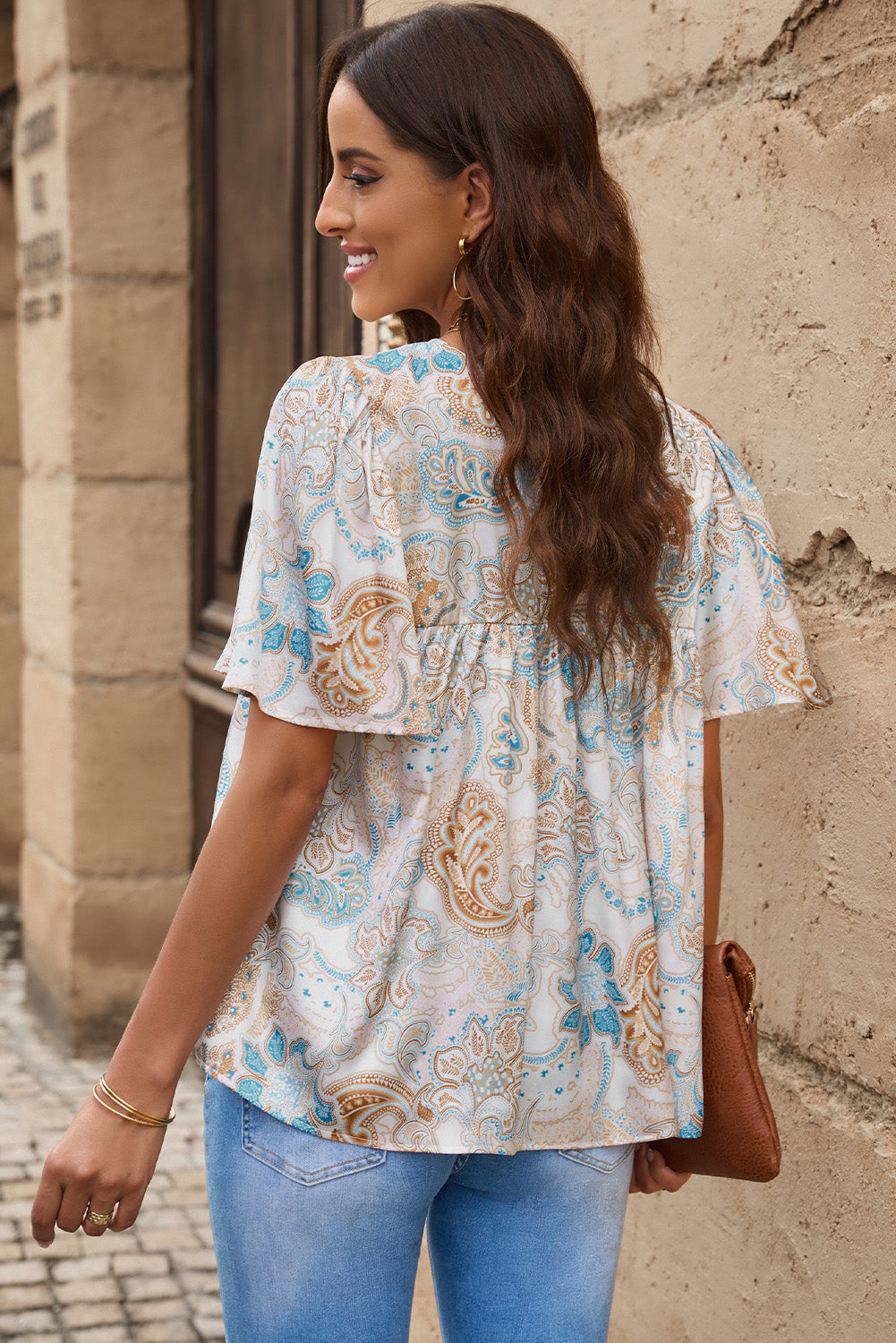 Printed Round Neck Short Sleeve Blouse