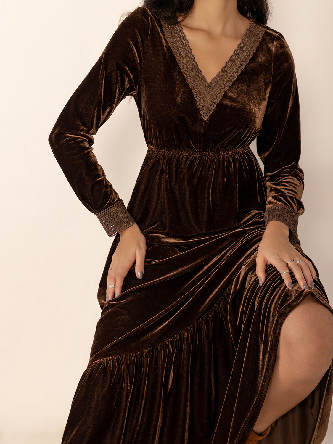 Lace Detail V-Neck Long Sleeve Maxi Dress