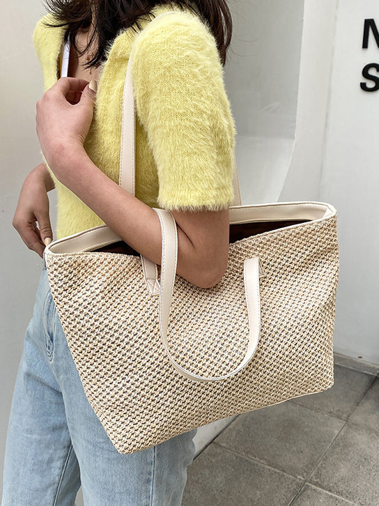 Solid Color Woven Tote Bag