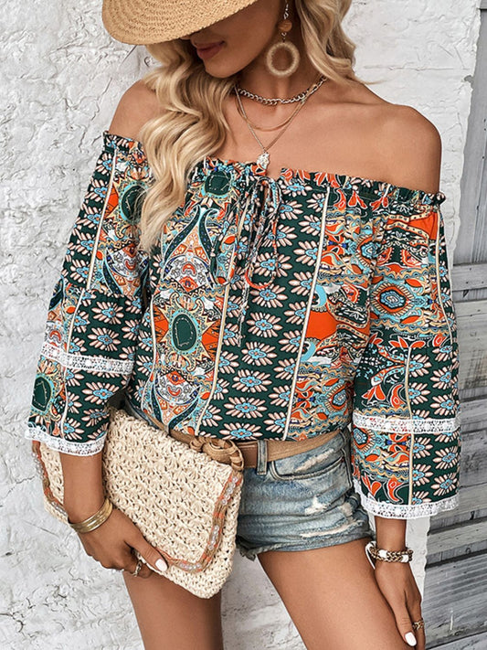 Perfee Printed Frill Trim Off-Shoulder Blouse