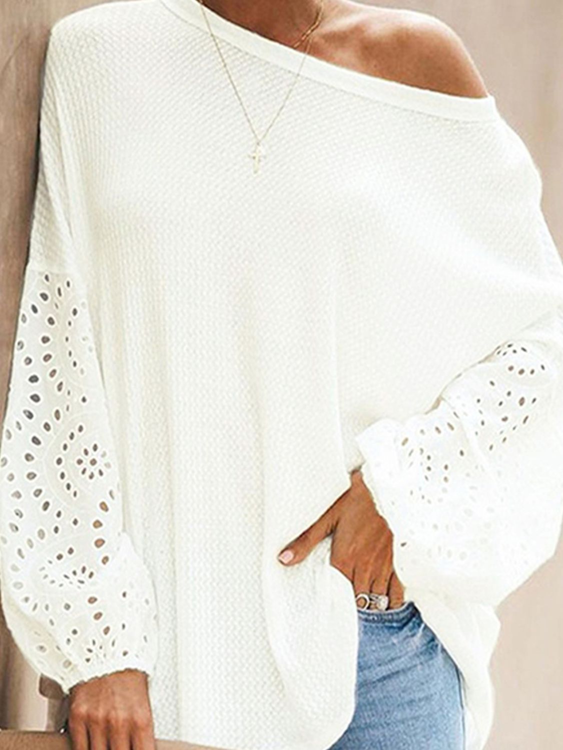 Shiny Openwork Dropped Shoulder Boat Neck Blouse