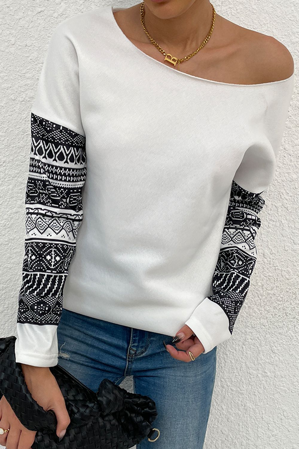 Shiny Boat Neck Long Printed Sleeve Blouse