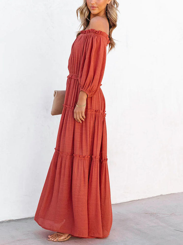 Ruffle Trim Off Shoulder Long Sleeve Maxi Dress