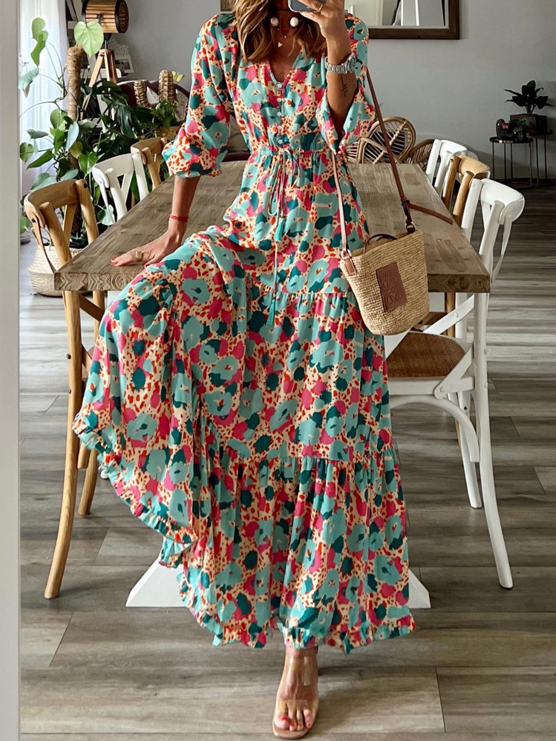 MeiMei Button Up Ruffle Hem Tiered Maxi Dress