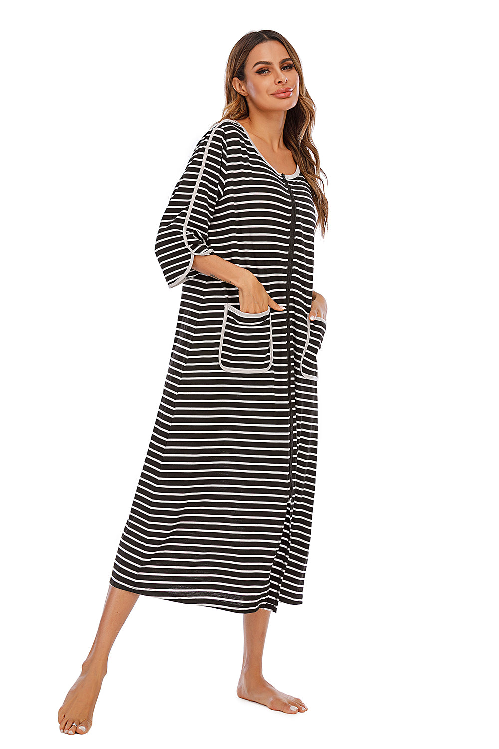 Round Neck Three-Quarter Sleeve Midi Night Dress