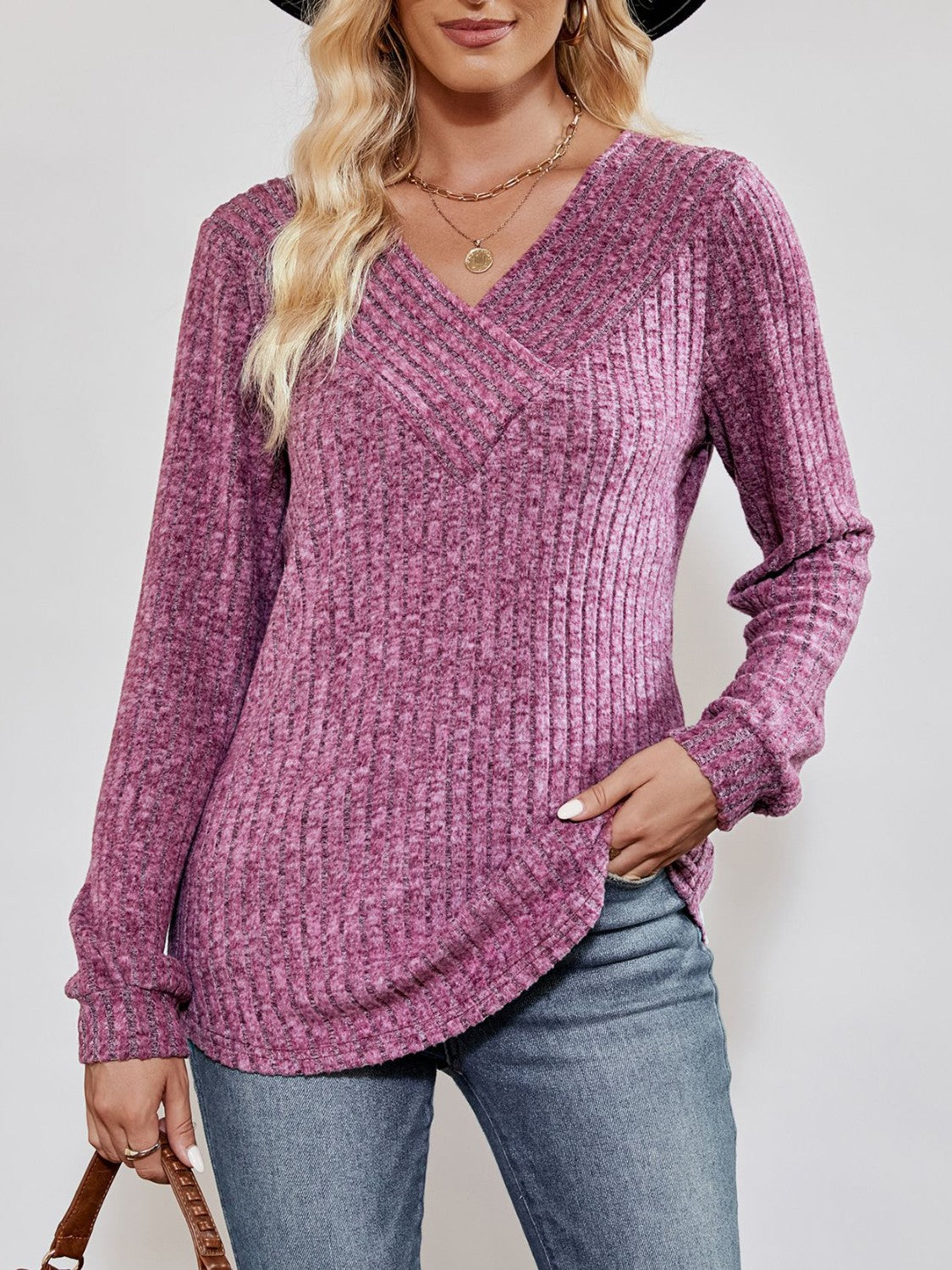 V-Neck Ribbed Long Sleeve Top