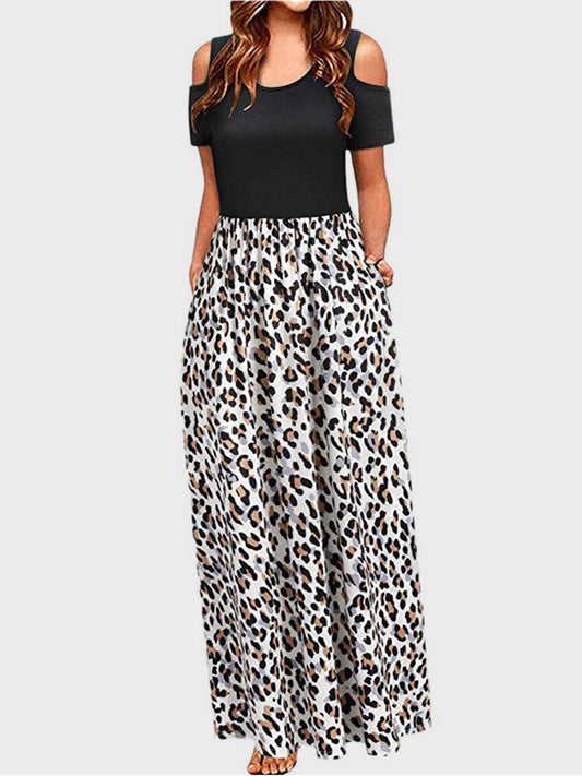 Leopard Round Neck Cold Shoulder Dress