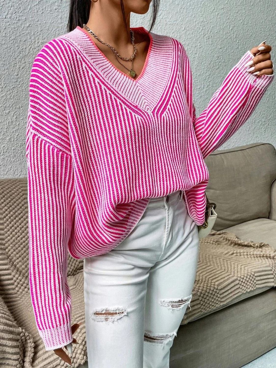 Striped V-Neck Long Sleeve Sweater