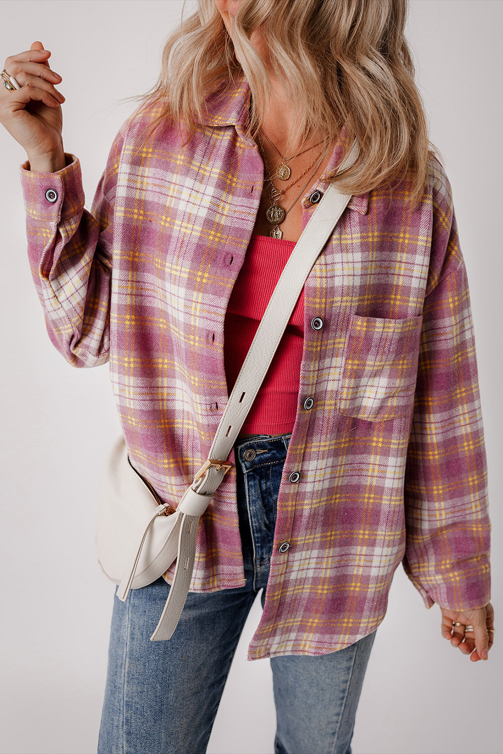 Plaid Collared Neck Button Up Shacket