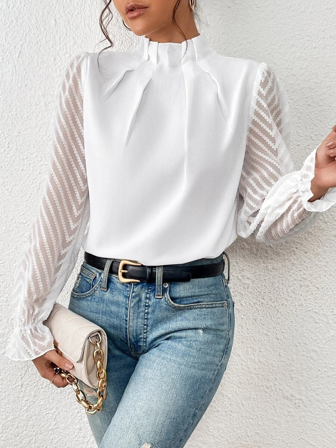 Mock Neck Flounce Sleeve Blouse