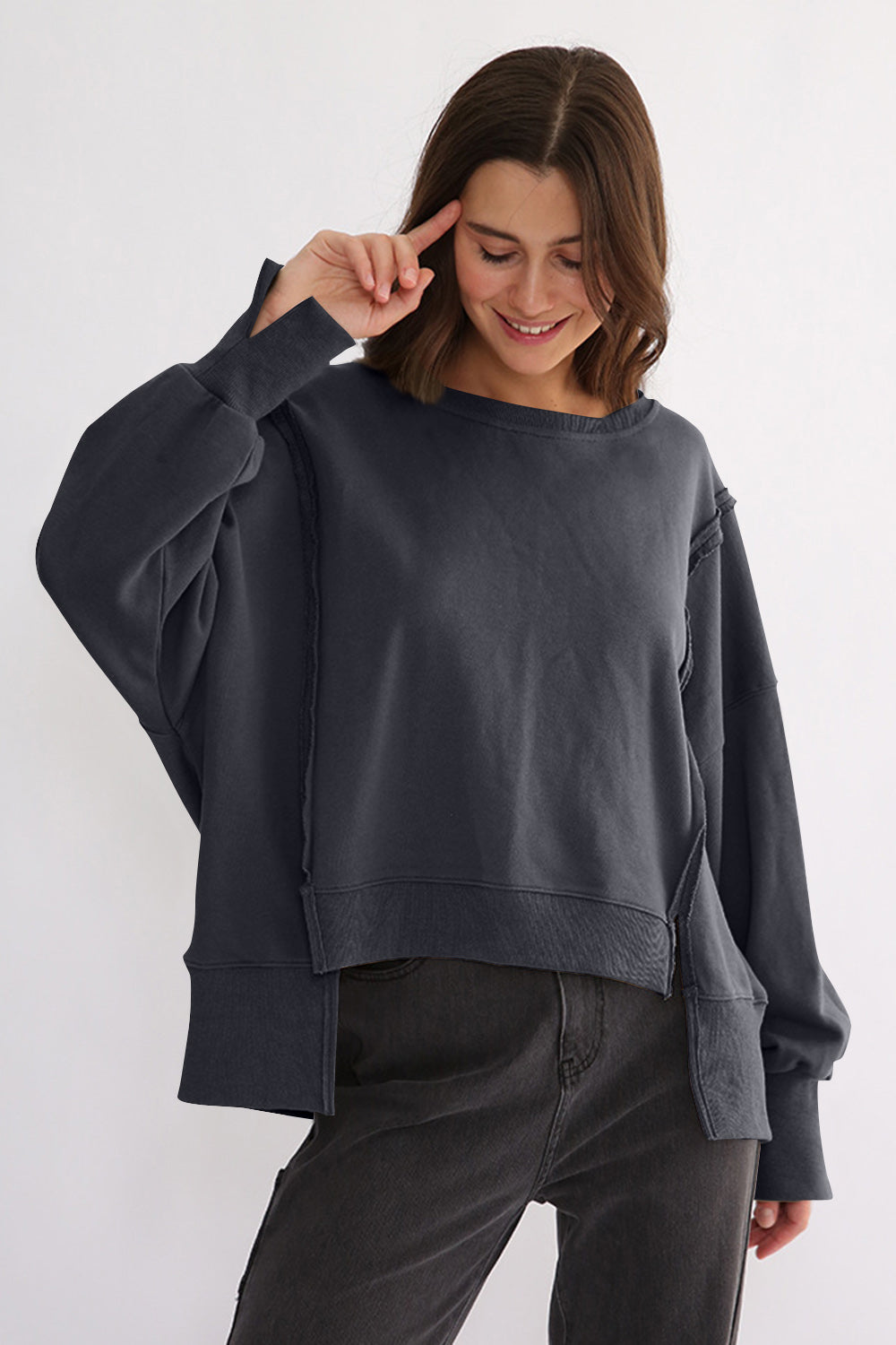 Exposed Seam High-Low Long Sleeve Sweatshirt