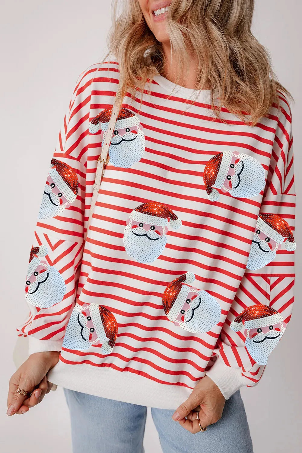 Sequin Santa Striped Round Neck Long Sleeve Sweatshirt