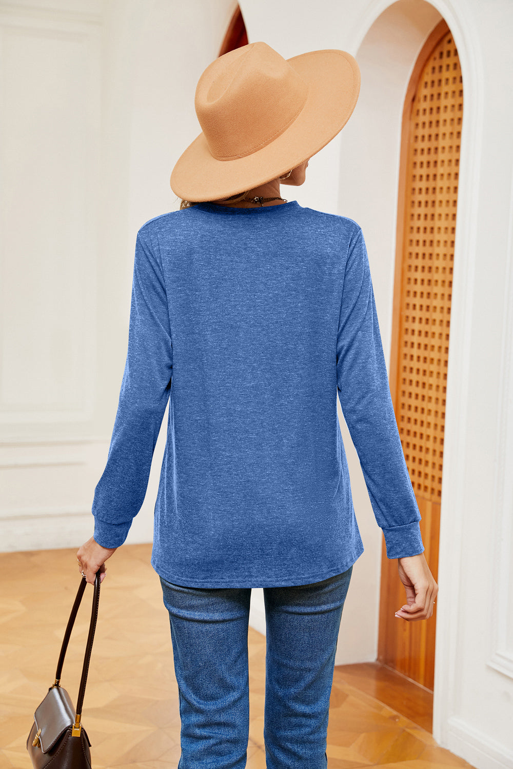 Buttoned Notched Neck Long Sleeve Top