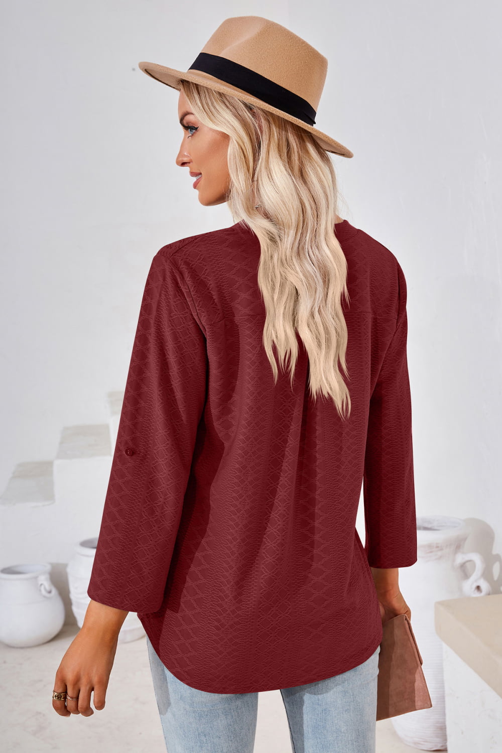 V-Neck Roll-Tap Sleeve Blouse