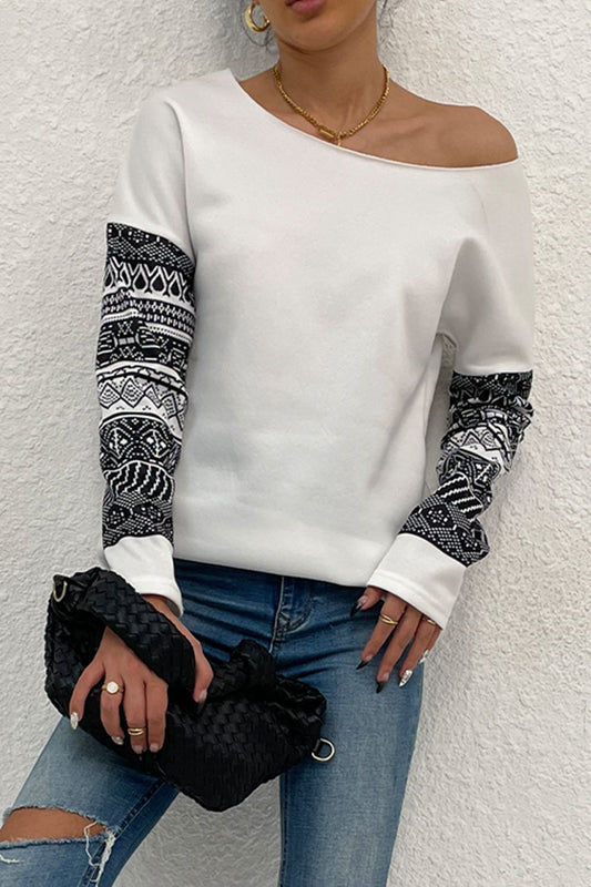 Shiny Boat Neck Long Printed Sleeve Blouse