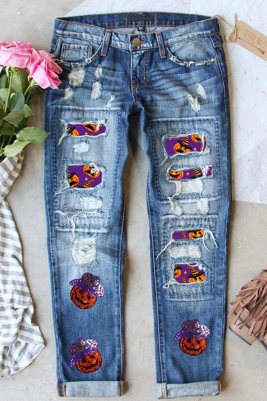 Distressed Sequin Pumpkin Jeans