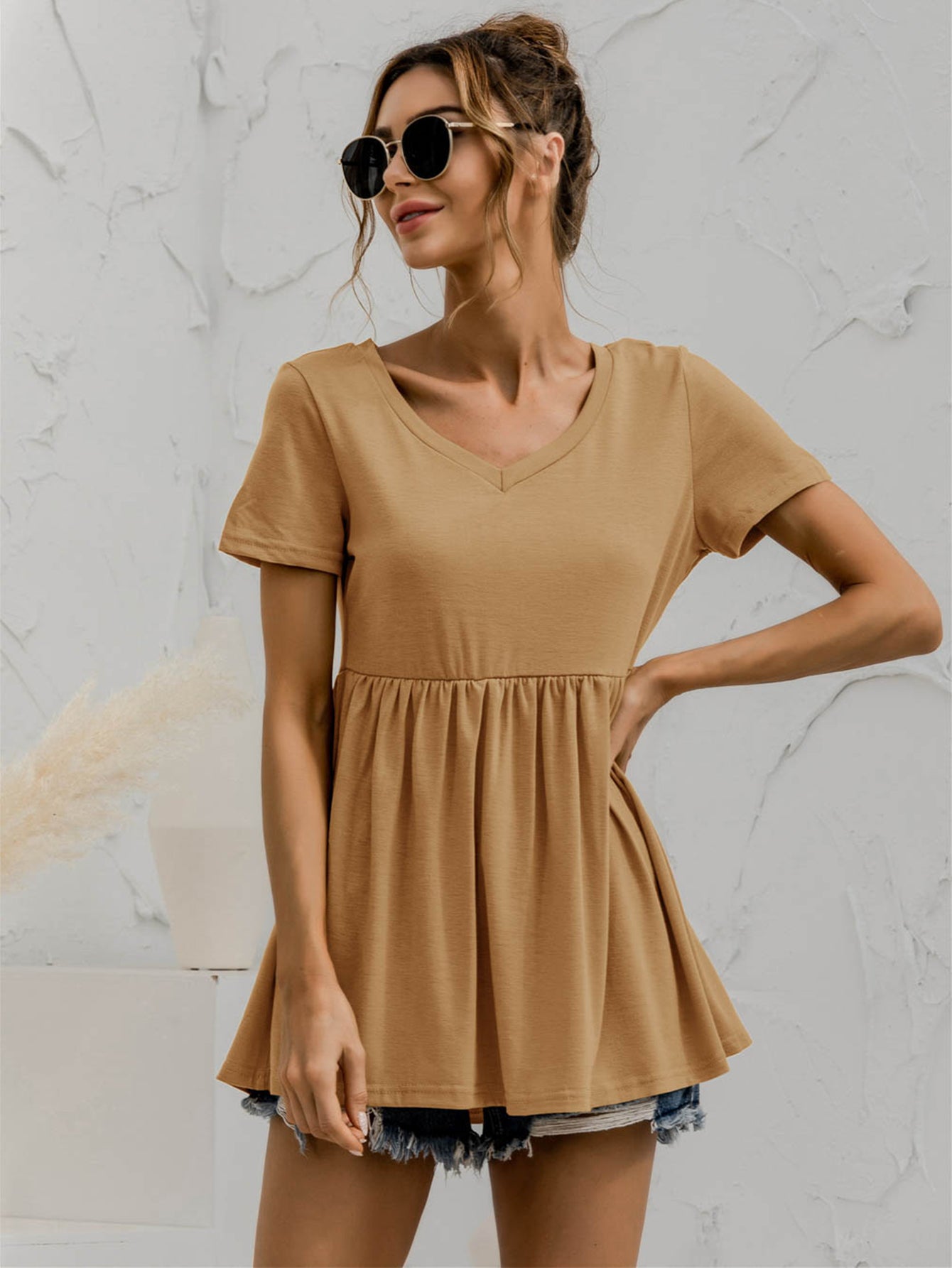 V-Neck Short Sleeve Babydoll Top