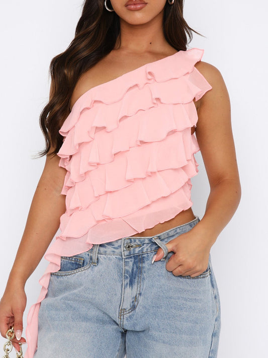 Layered Ruffled One Shoulder Tank