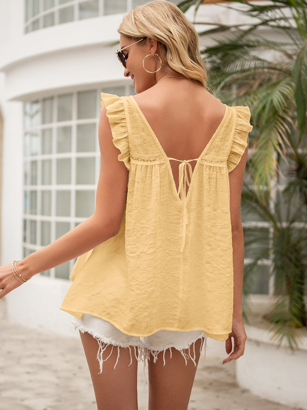 Ivy Lane Tie Back V-Neck Ruffled Blouse