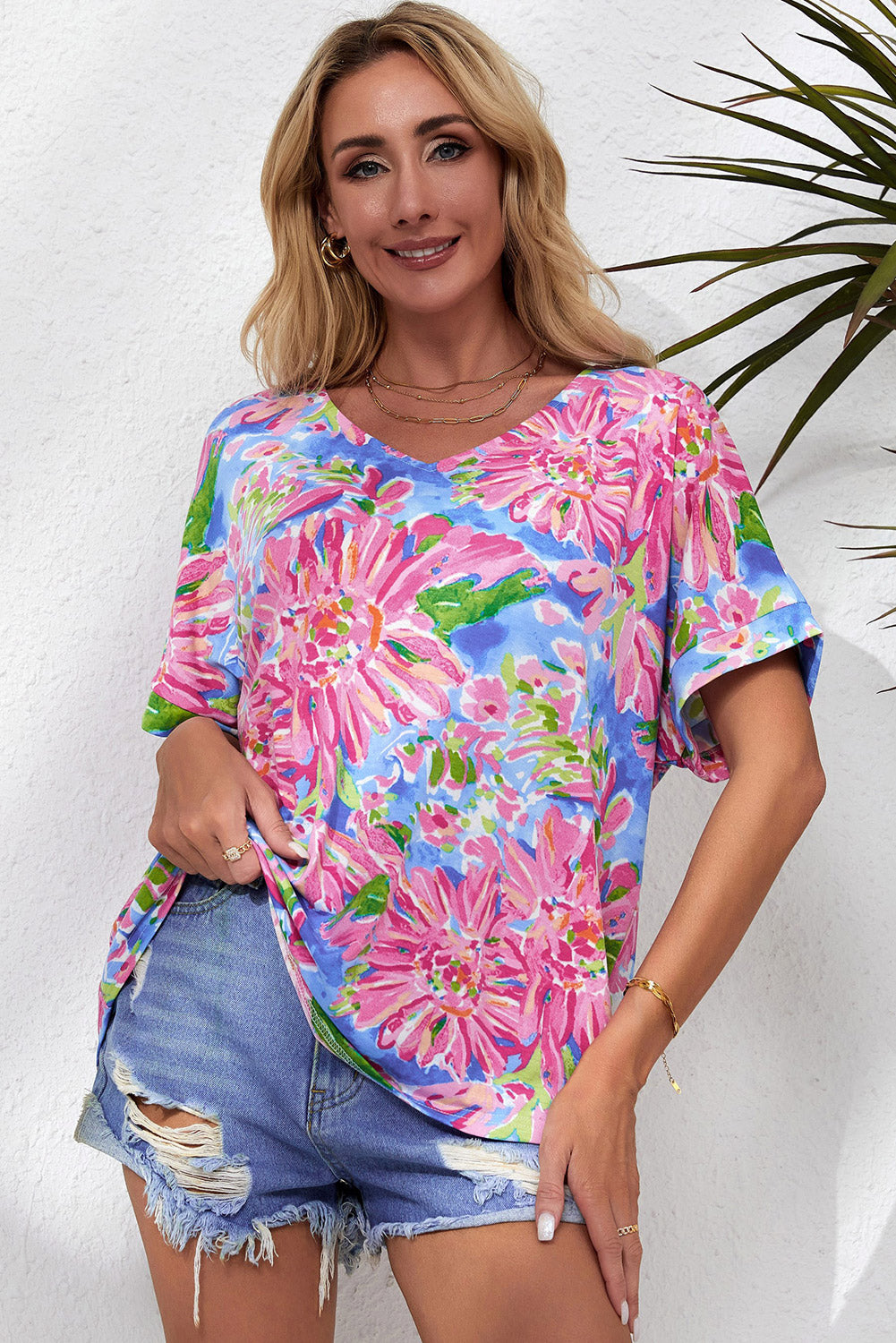 Floral V-Neck Short Sleeve Blouse