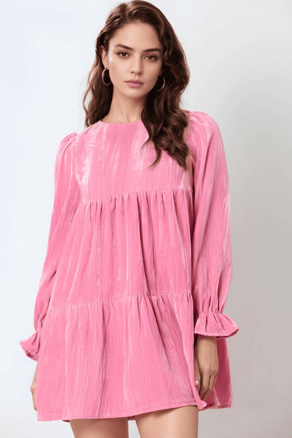 Tied Round Neck Flounce Sleeve Mini Dress