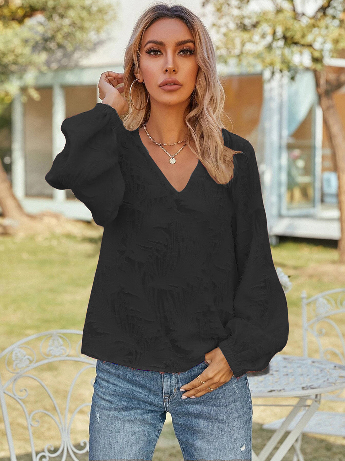 V-Neck Long Sleeve Blouse