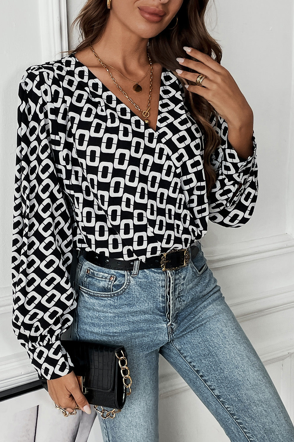 Perfee Geometric V-Neck Long Sleeve Blouse