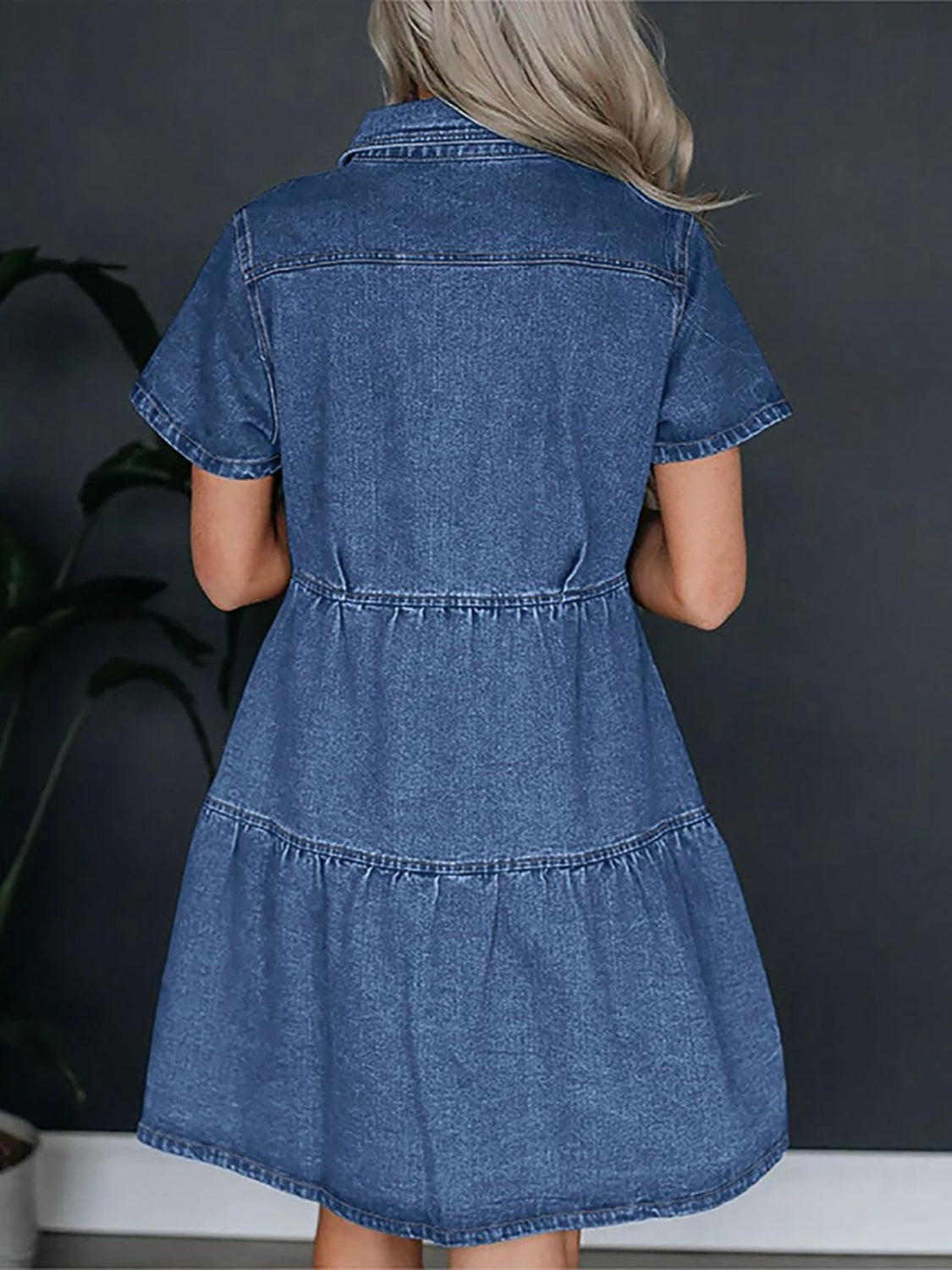 Pocketed Button Up Collared Neck Short Sleeve Denim Dress