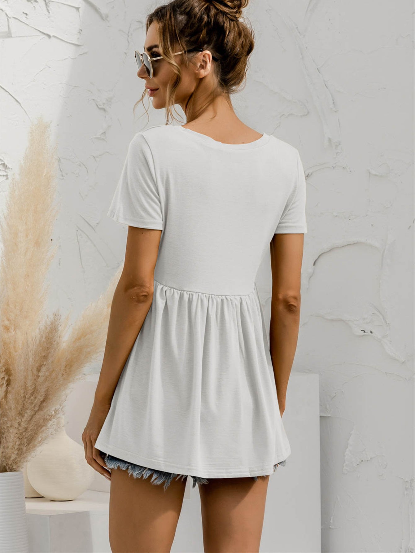 V-Neck Short Sleeve Babydoll Top