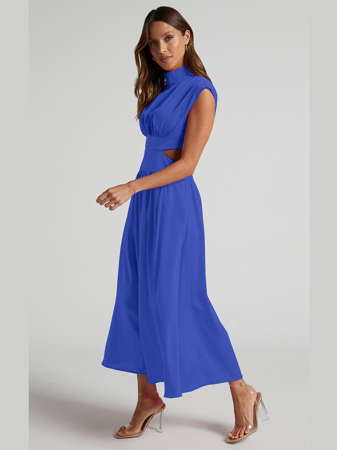 Cutout Mock Neck Sleeveless Ruched Dress