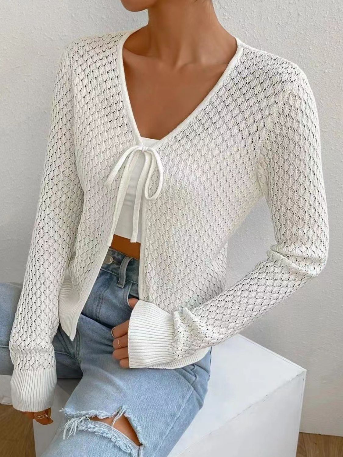 Tied Openwork V-Neck Long Sleeve Cardigan