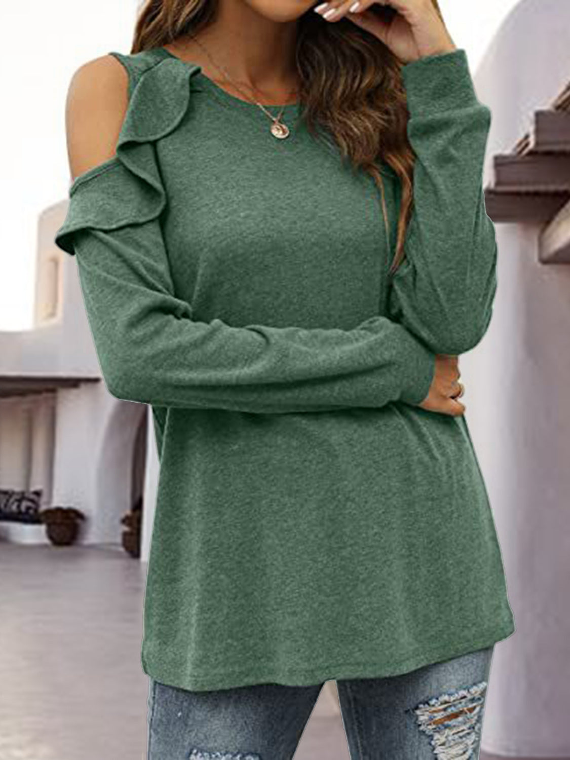 Round Neck Ruffled Cold-Shoulder Blouse