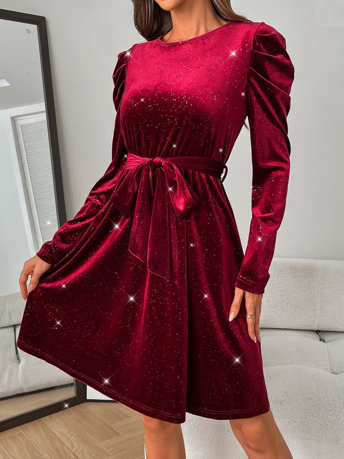 Glitter Round Neck Puff Sleeve Dress