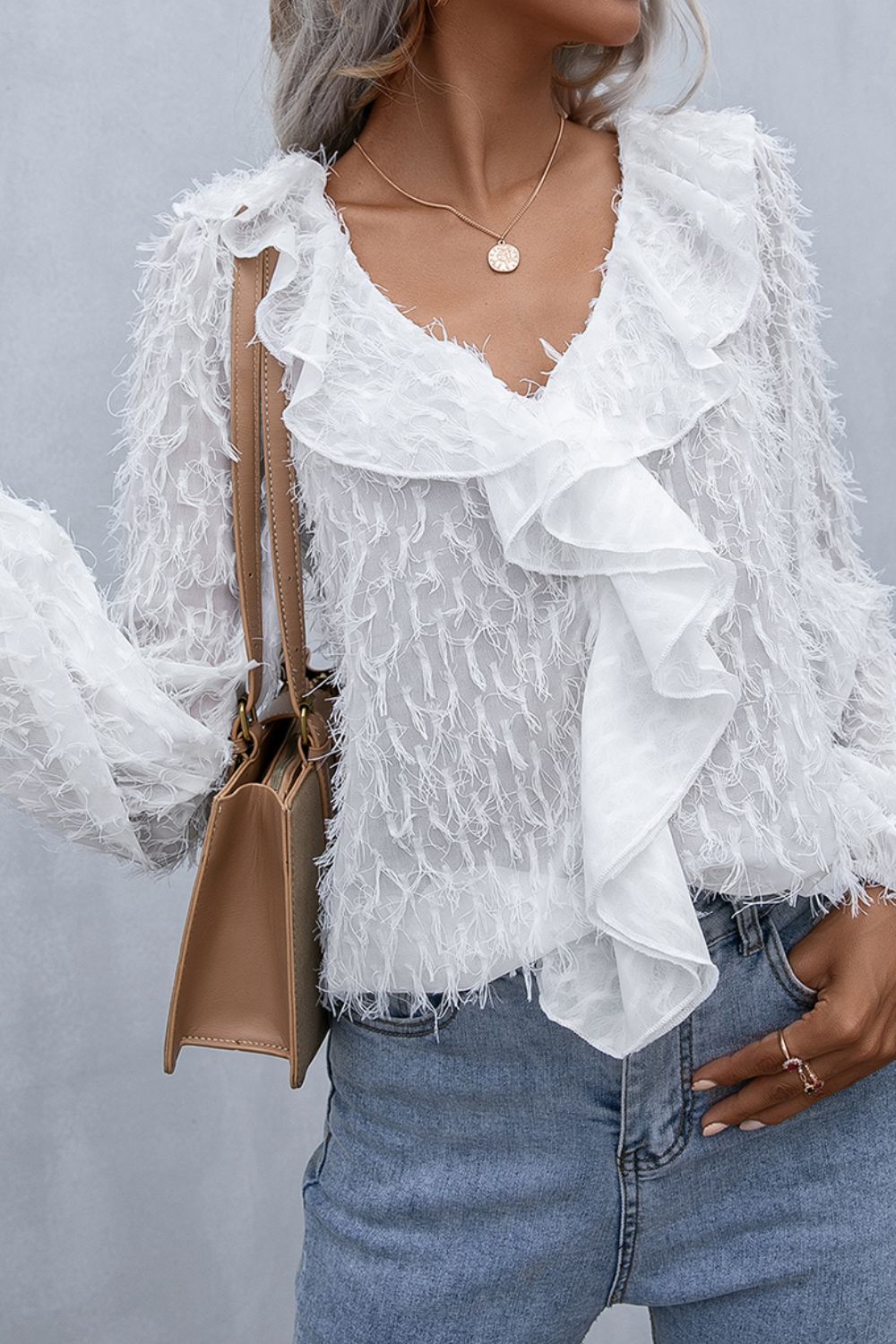 Ivy Lane Ruffle Hem Fringe V-Neck Balloon Sleeve Blouse