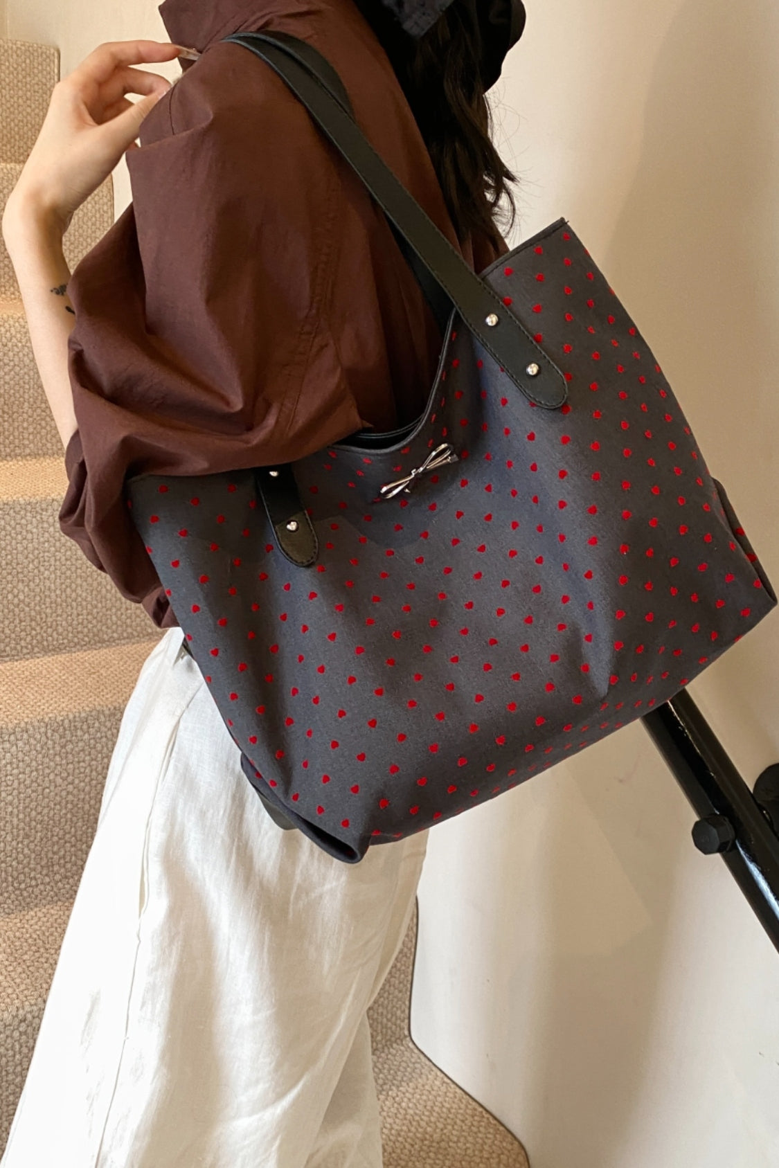 Polyester Bow Polka Dot Tote Bag