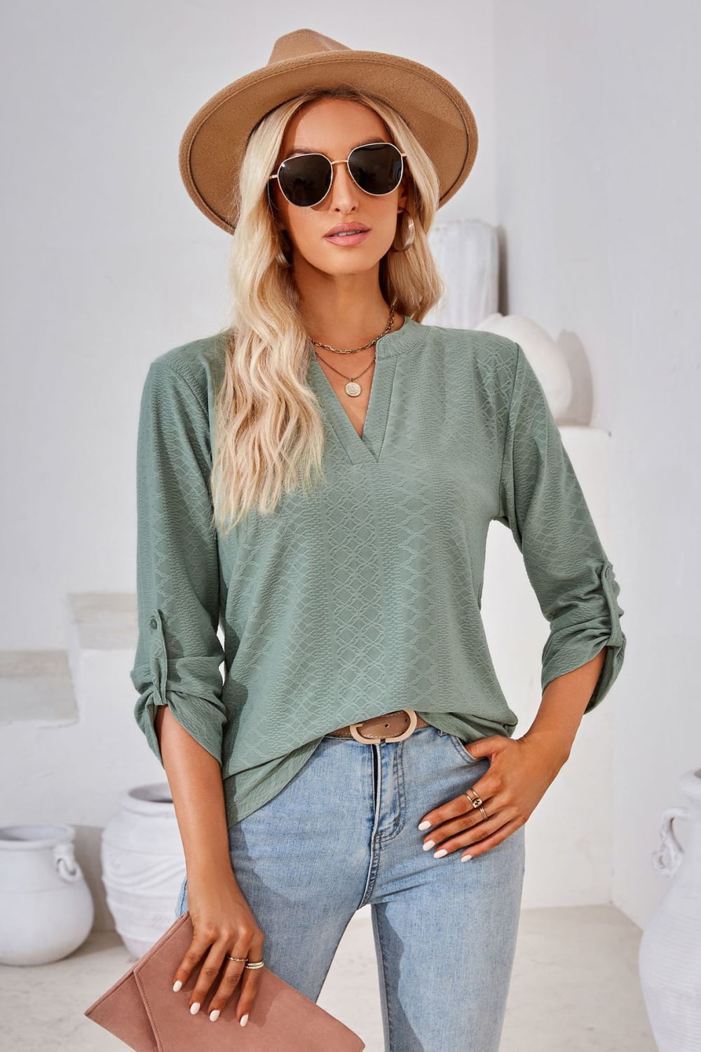 V-Neck Roll-Tap Sleeve Blouse