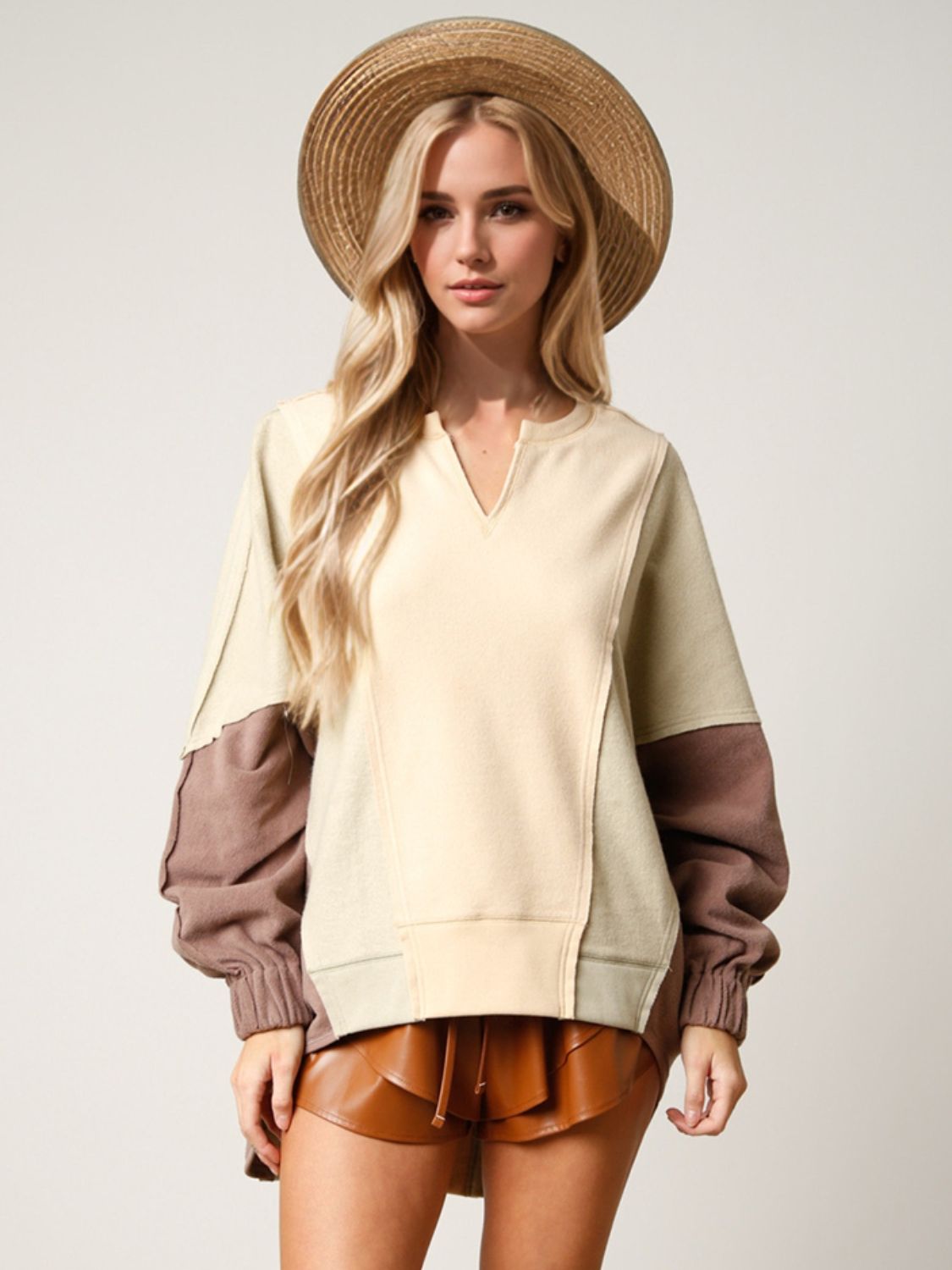 High-Low Contrast Notched Long Sleeve Sweatshirt