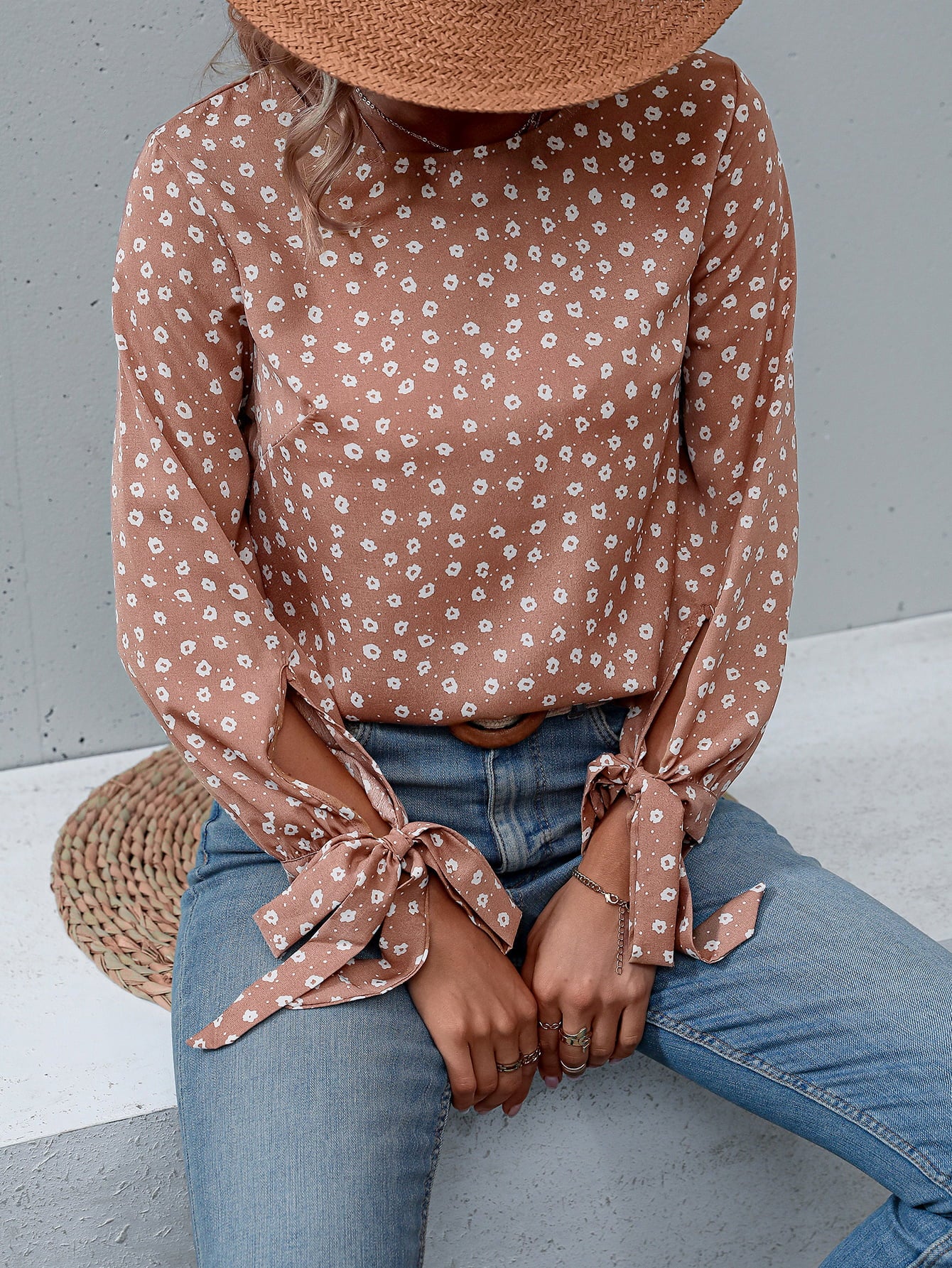 Honey Printed Round Neck Tie Cuff Blouse