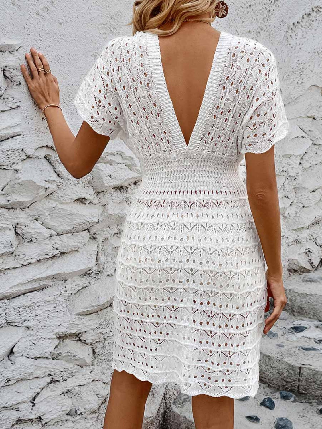 Openwork Plunge Short Sleeve Cover-Up Dress