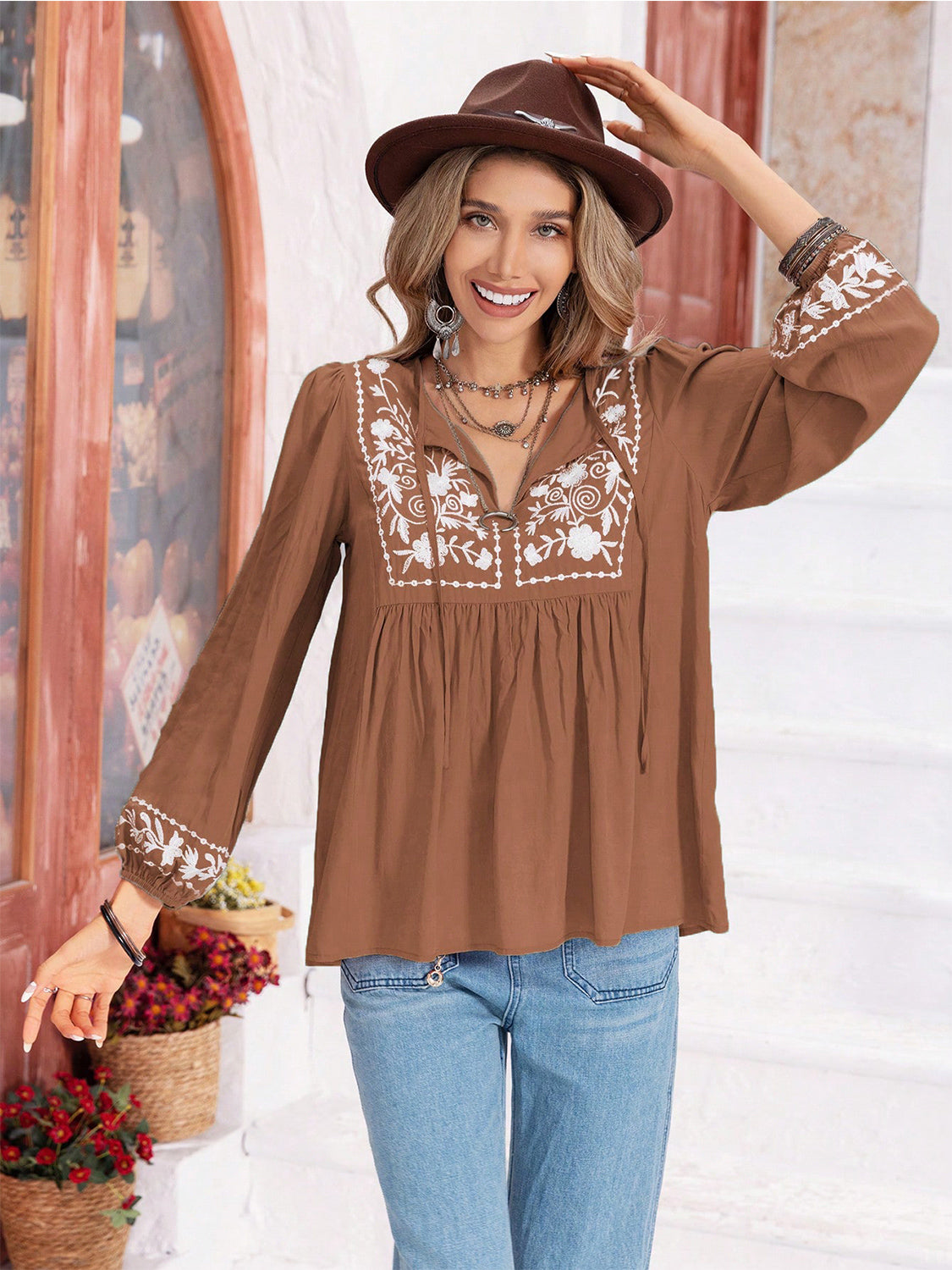 Floral Tie Neck Balloon Sleeve Blouse