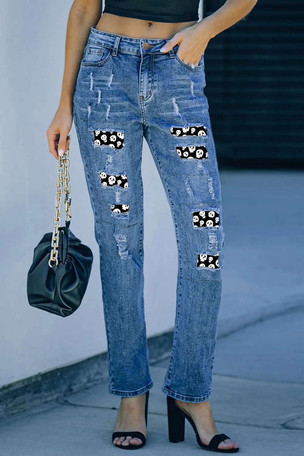 Distressed Skeleton Pattern Jeans with Pockets