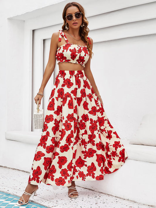 Honey Floral Tie Shoulder Top and Tiered Maxi Skirt Set