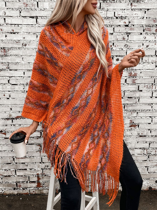 Fringe Contrast Hooded Poncho